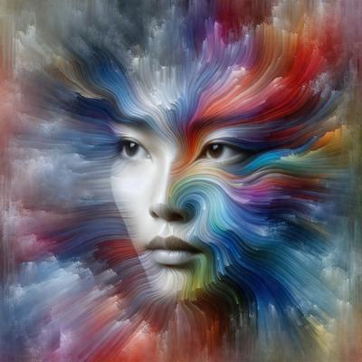 The primary subject of the image is a woman's face, which is the main focus of the image. The setting is a colorful, abstract background that adds a vibrant and artistic touch to the scene. The visual style is a combination of digital art and illustration, creating a unique and eye-catching representation of the woman's face. The colors and mood of the image are predominantly bright and lively, with a mix of red, blue, and yellow hues that evoke a sense of energy